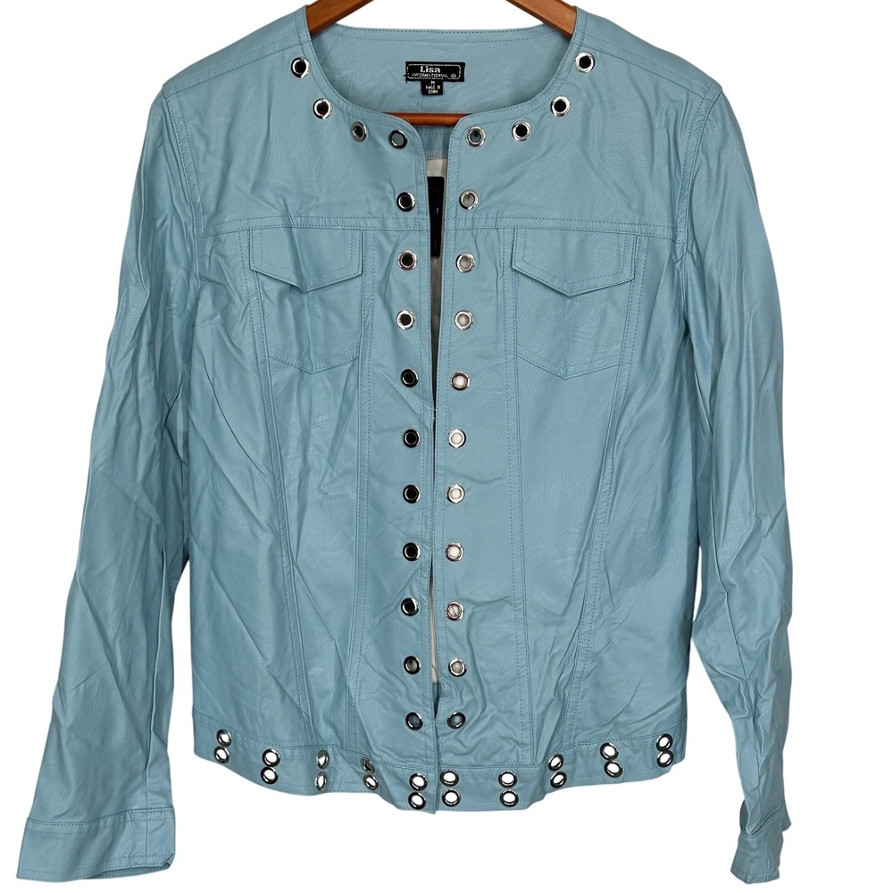 Lisa International Light Blue Polyurethane Jacket Decorative Eyelet Trim Med NWT